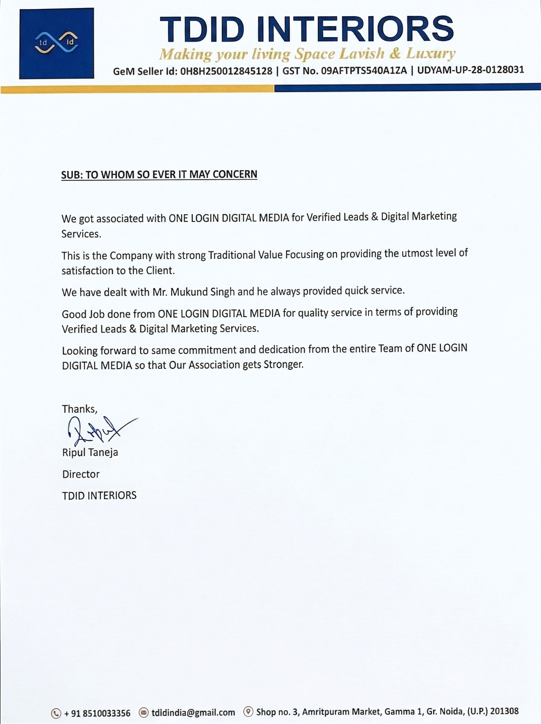 TDID Interiors Testimonial