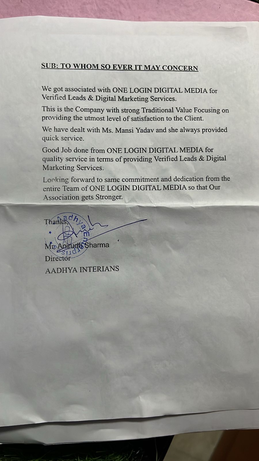 Aadhya Interians Testimonial