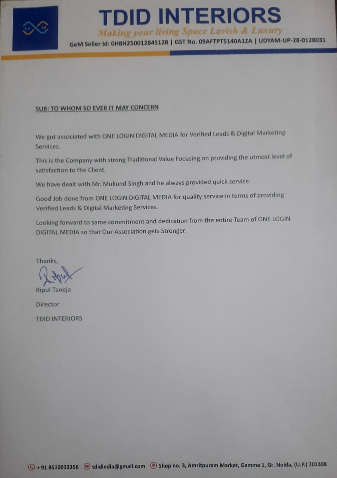 TDID Interiors Testimonial